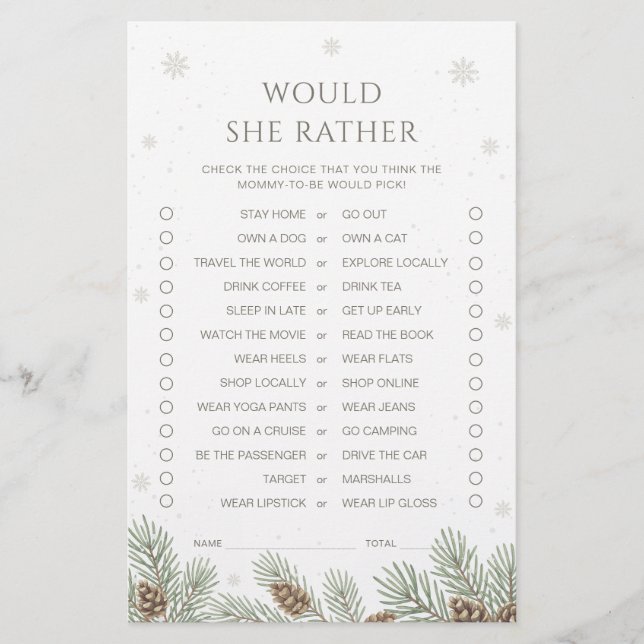 Winter Baby Shower Would She Rather Game (Voorkant)