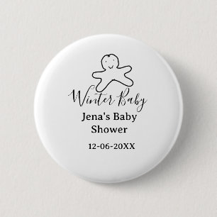 Winter babyshowerkoekje zwart gekrabbeld handgetek ronde button 5,7 cm