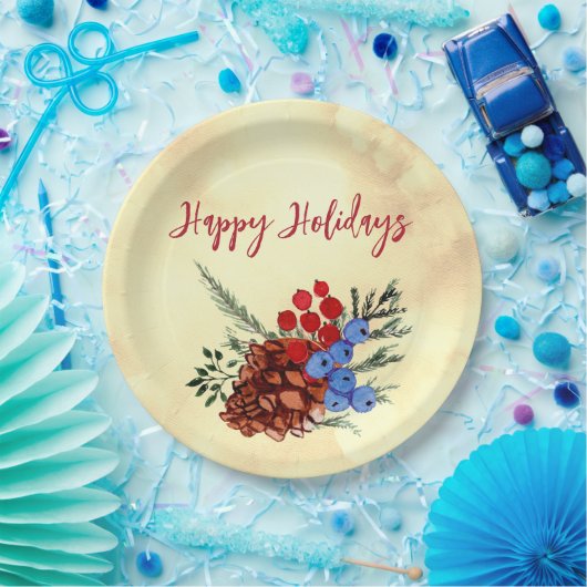 Winter Barries Cone Merry kerstbomen Yellow Papieren Bordje (Feest)