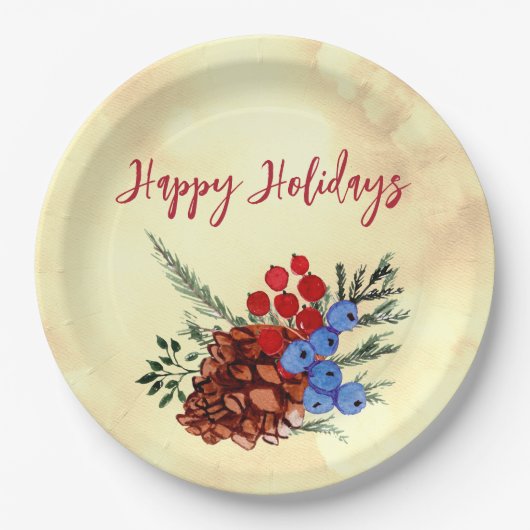 Winter Barries Cone Merry kerstbomen Yellow Papieren Bordje (Voorkant)