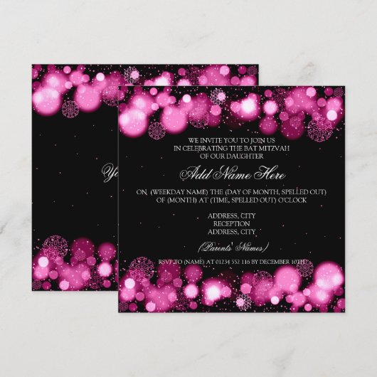 Winter Bat Mitswa Roze Sneeuwvlokken Lichten Kaart (Voorkant / Achterkant)