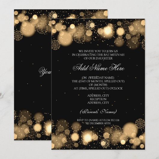 Winter Bat Mitzvah Gold Snowflakes Lights Kaart (Voorkant / Achterkant)