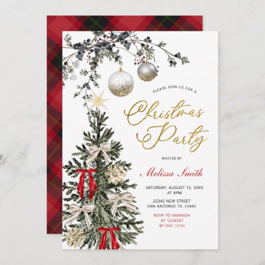 Winter Baubles Red Bow Star Christmas Tree Party Kaart (Voorkant / Achterkant)