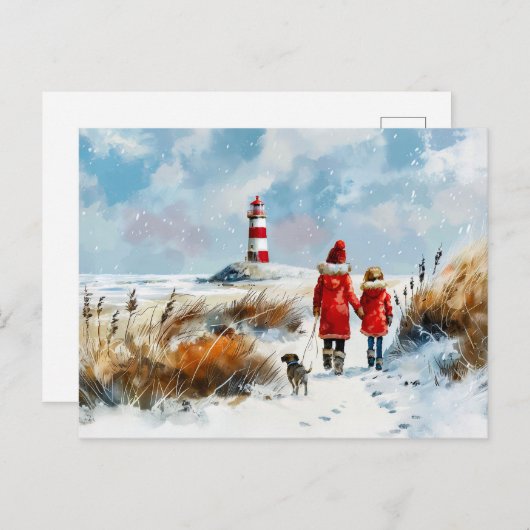 Winter Beach Walk met hond naar vuurtoren Feestdagenkaart (Voorkant / Achterkant)
