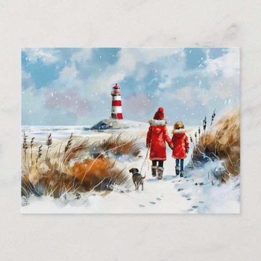 Winter Beach Walk met hond naar vuurtoren Feestdagenkaart (Voorkant)