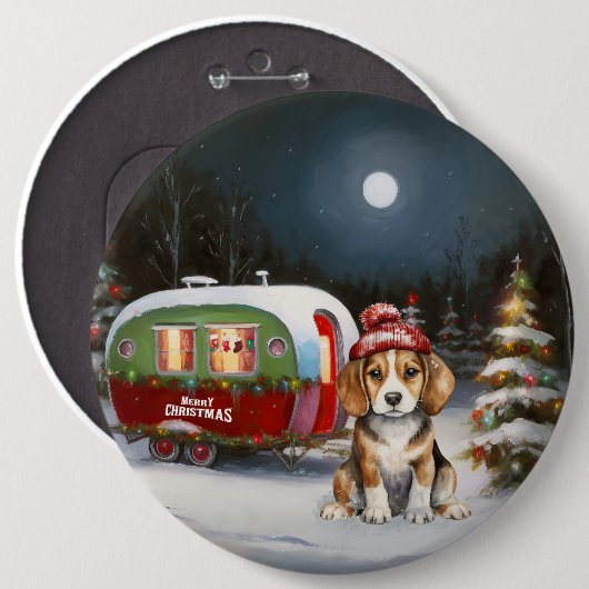 Winter Beagle Caravan Kerstavontuur Ronde Button 6,0 Cm (Voorkant /achterkant)