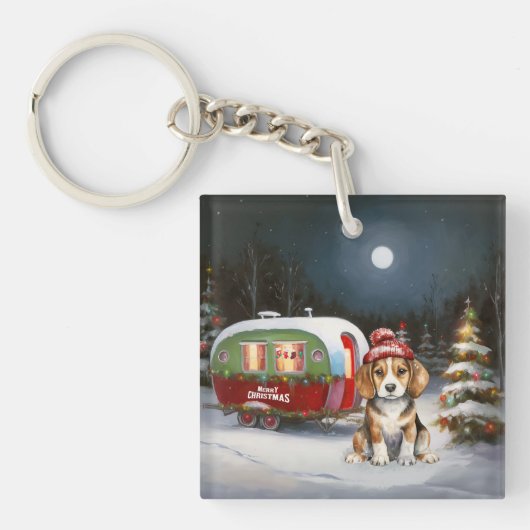 Winter Beagle Caravan Kerstavontuur Sleutelhanger (Voorkant)