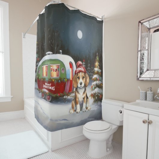 Winter Beagle Karavaan Kerst Avontuur Douchegordijn (In situ)