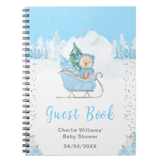 Winter Bear Blue Sleigh Baby Shower Guest Book Notitieboek (Voorkant)