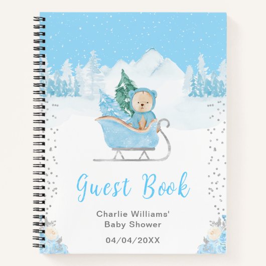 Winter Bear Blue Sleigh Baby Shower Guest Book Notitieboek (Voorkant)