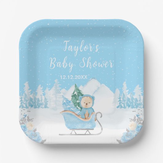 Winter Bear Blue Sleigh Baby Shower Papieren Bordje (Voorkant)