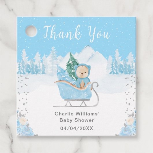 Winter Bear Blue Sleigh Baby Shower Thank You Bedankjes Labels (Voorkant)