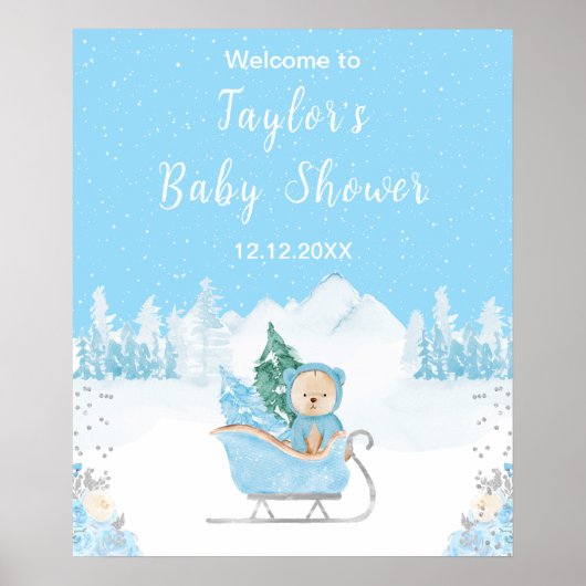 Winter Bear Blue Sleigh Baby Shower Welcome Poster (Voorkant)