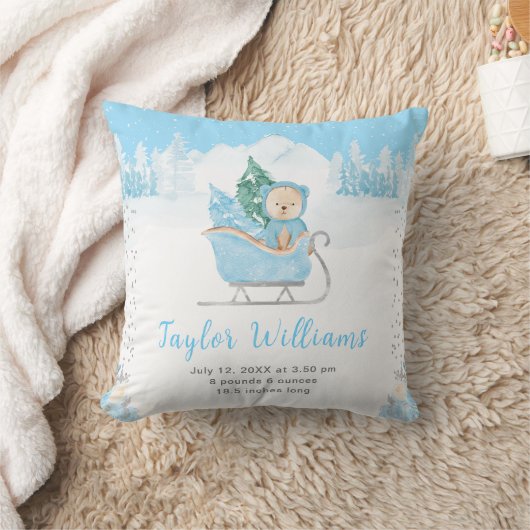 Winter Bear Blue Sleigh Birth Statistics Kussen (Deken)