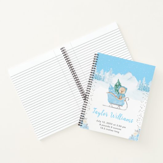 Winter Bear Blue Sleigh Birth Statistics Notitieboek (Binnen)