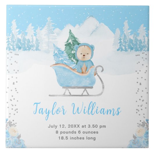 Winter Bear Blue Sleigh Birth Statistics Tegeltje (Voorkant)