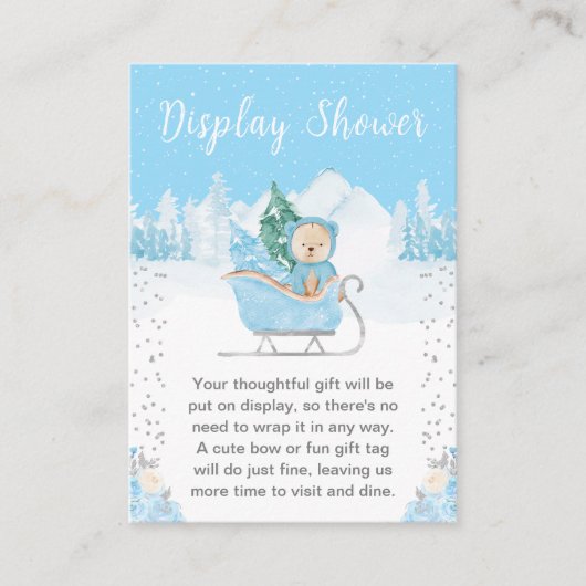 Winter Bear Blue Sleigh Display Shower Informatiekaartje (Voorkant)