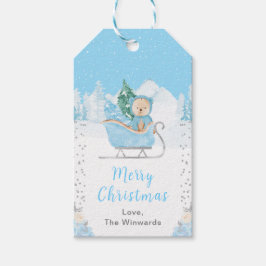 Winter Bear Blue Sleigh Merry Christmas Cadeaulabel