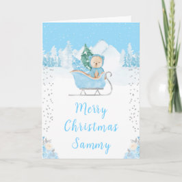 Winter Bear Blue Sleigh Merry Christmas Feestdagen Kaart