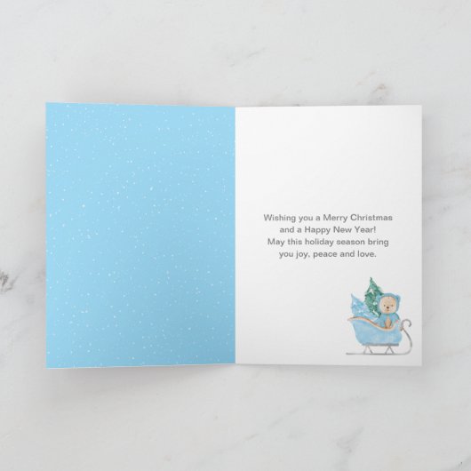 Winter Bear Blue Sleigh Merry Christmas Feestdagen Kaart (Binnen)