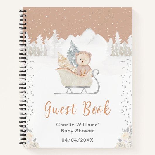 Winter Bear Brown Sleigh Baby Shower Guest Book Notitieboek (Voorkant)