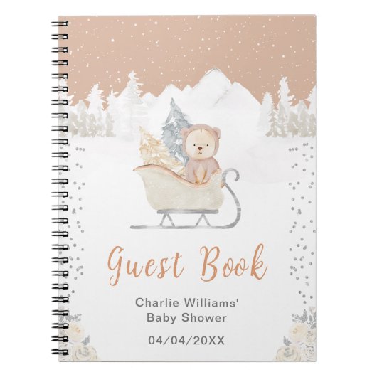 Winter Bear Brown Sleigh Baby Shower Guest Book Notitieboek (Voorkant)