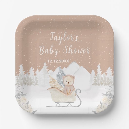 Winter Bear Brown Sleigh Baby Shower Papieren Bordje (Voorkant)