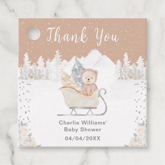 Winter Bear Brown Sleigh Baby Shower Thank You Bedankjes Labels (Voorkant)