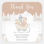 Winter Bear Brown Sleigh Baby Shower Thank You Vierkante Sticker (Voorkant)