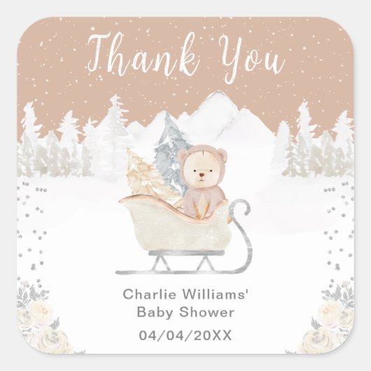 Winter Bear Brown Sleigh Baby Shower Thank You Vierkante Sticker (Voorkant)
