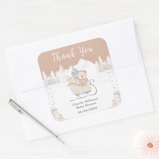 Winter Bear Brown Sleigh Baby Shower Thank You Vierkante Sticker (Envelop)