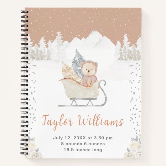 Winter Bear Brown Sleigh Birth Statistics Notitieboek (Voorkant)