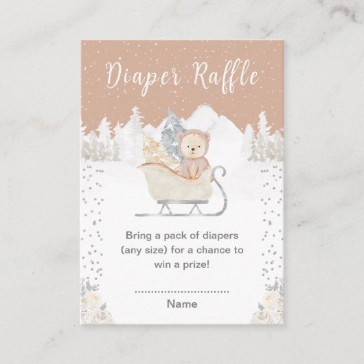 Winter Bear Brown Sleigh Diaper Raffle Informatiekaartje (Voorkant)