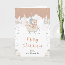 Winter Bear Brown Sleigh Merry Christmas Feestdagen Kaart