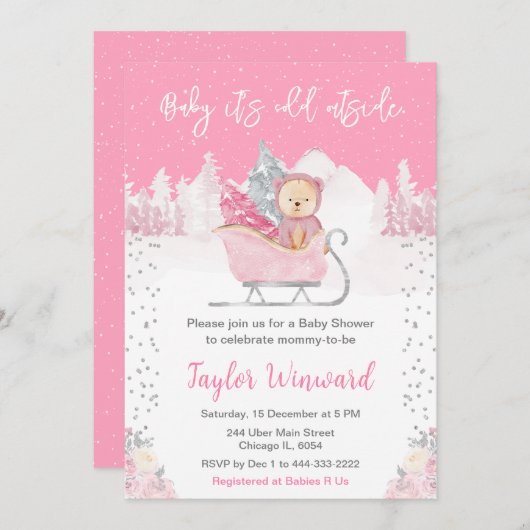 Winter Bear Pink Sleigh Baby Shower Kaart (Voorkant / Achterkant)