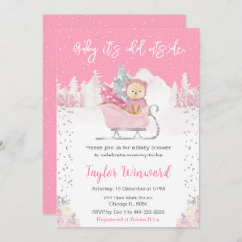 Winter Bear Pink Sleigh Baby Shower Kaart