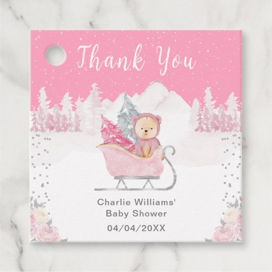 Winter Bear Pink Sleigh Baby Shower Thank You Bedankjes Labels (Voorkant)