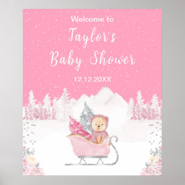 Winter Bear Pink Sleigh Baby Shower Welcome Poster