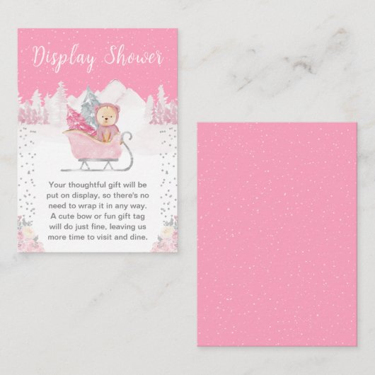 Winter Bear Pink Sleigh Display Shower Informatiekaartje (Voorkant / Achterkant)