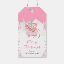 Winter Bear Pink Sleigh Merry Christmas Cadeaulabel