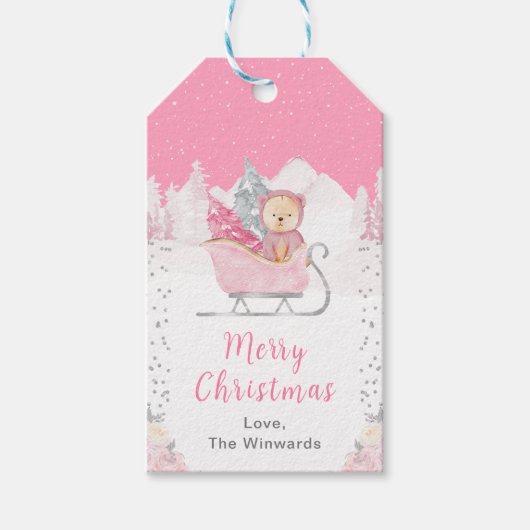 Winter Bear Pink Sleigh Merry Christmas Cadeaulabel (Voorkant)