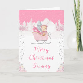 Winter Bear Pink Sleigh Merry Christmas Feestdagen Kaart