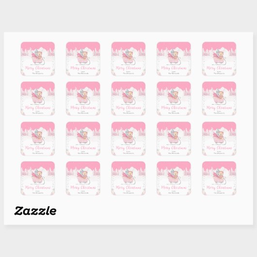 Winter Bear Pink Sleigh Merry Christmas Vierkante Sticker (Vel)