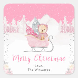 Winter Bear Pink Sleigh Merry Christmas Vierkante Sticker
