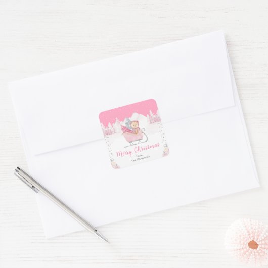 Winter Bear Pink Sleigh Merry Christmas Vierkante Sticker (Envelop)