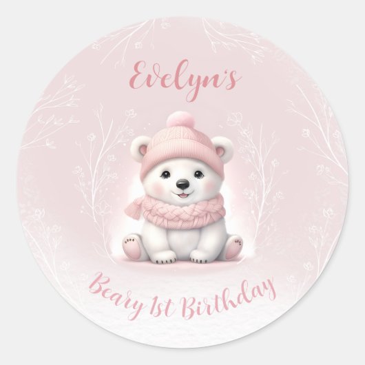 Winter Beary 1e Verjaardag Roze Polar Beer Ronde Sticker (Voorkant)