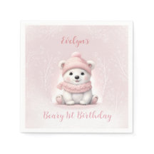Winter Beary 1e Verjaardag Roze Polar Beer Servett