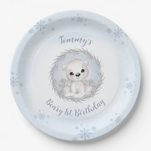 Winter Beary 1e Verjaardag Schattige Blauw Polar B Papieren Bordje (Voorkant)