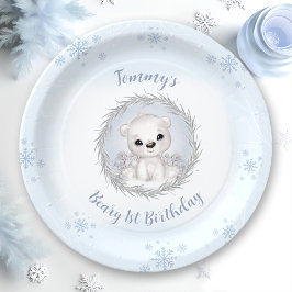 Winter Beary 1e Verjaardag Schattige Blauw Polar B Papieren Bordje