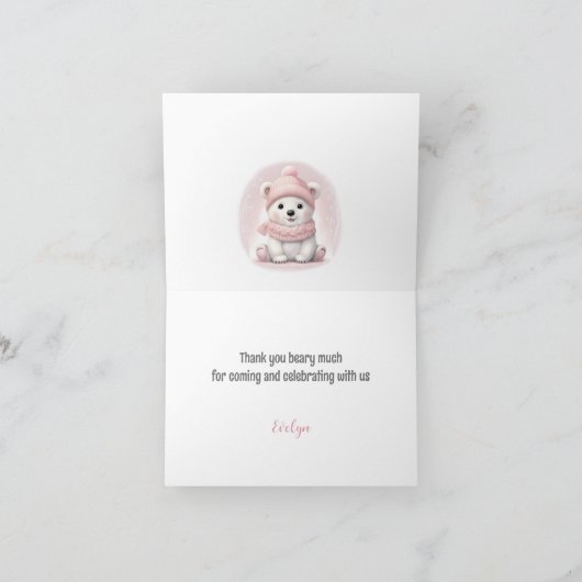 Winter Beary 1e Verjaardag Schattige Roze Polar Be Bedankkaart (Binnen)